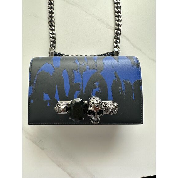 ALEXANDER MCQUEEN GRAFFITI FOUR-RING LEATHER SHOULDER BAG IN BLUE BLACK $2,500 - Picture 13 of 16